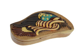 Scratch &amp; Dent Hand Carved Wood 3D American Eagle and Flag Puzzle Trinket Box - £23.29 GBP