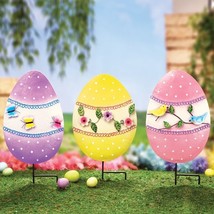 Set of 3 Colorful Pastel Easter Egg Metal Yard Stake Outdoor Spring Garden Decor - £27.18 GBP