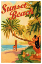 Sunset Beach Surfer Hula Girl Poster style Postcard Hawaii - £5.90 GBP