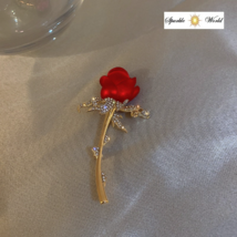 Red Rose Flower Gold Zircons for Women Fashion Pin Elegant Rhinestone Brooch - £9.79 GBP