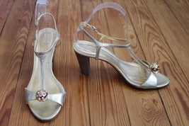 J. Crew 8 Gold Leather T-Strap Embellished Sandals Heels Formal Party Italy - £16.97 GBP