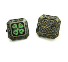 Two 4H Pins Sterling Silver Vintage Brass, Enamel Clover First &amp; Second Pa - £11.93 GBP