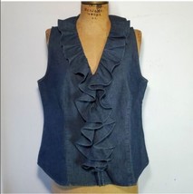 Chaps Size 14 Denim Top Sleeveless Button Down Shirt Ruffle Neck Blue Co... - £20.66 GBP