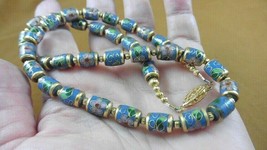 (v240-2) Medium Blue pink flower Cloisonne beaded Beads gold tone 19&quot; Necklace - £47.50 GBP