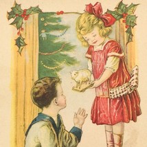 Antique 1916 Joseph Hoover Christmas Girl Gives Present to Boy Postcard - $10.39