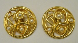 Edouard Rambaud Paris Vtg Gold Tone &amp; Faux Pearl Statement Earrings Clip On - £70.36 GBP