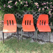 3 Vtg Virco Los Angeles Orange Plastic Child School Chairs Mid Century rustic - £62.60 GBP