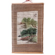 Vintage Bamboo Scroll Painted Fishing Boat Landscape Wall Hanging 19x12&quot; - £7.72 GBP