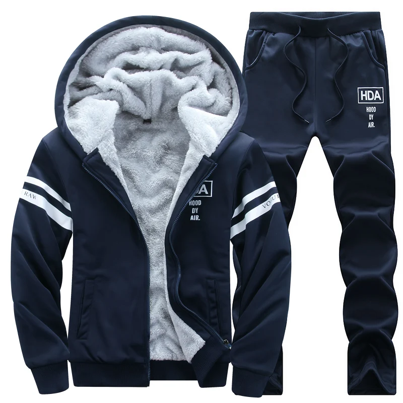 8XL Fleece Men Winter Set Fashion Casual Trauit Thick Sweatshirt+Pants wear Suit - £102.33 GBP