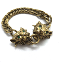 Vintage Lion Heads Green Rhinestone Eyes Chain Link Bracelet Mod Jungle Cats - £47.47 GBP
