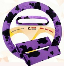 Steering wheel cover, seat belt covers &amp; rear view mirror cover Purple Cow print - £14.52 GBP
