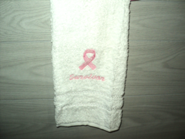 Breast Cancer Survivor Ribbon Embroidered Luxury White Hand Towel Support - £17.79 GBP