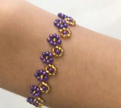 Alternating Gold &amp; Purple Flower Bracelet Bling Shiny NEW - £12.77 GBP