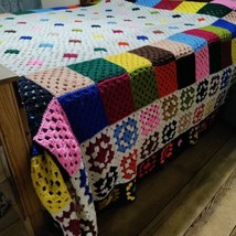 VTG Granny Square Afghan Crochet King Blanket 108&quot; x 120&quot; Handmade Colorful - £98.80 GBP