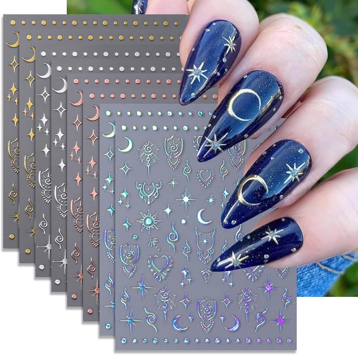 Primary image for Moon Star Nail Stickers Metallic Nail Art Decals 3D Self Adhesive Laser Stars Mo