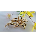 Beautiful Vintage Faux Pearls &amp; Leaves Gold Toned Fashion Jewelry Brooch... - $6.99