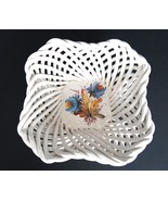 Vintage Sassano Italy white ceramic basket weave fruit bowl blue floral ... - £23.44 GBP