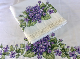 Never Used Set of Embroidered Pillow Cases with Purple Violets - £16.03 GBP