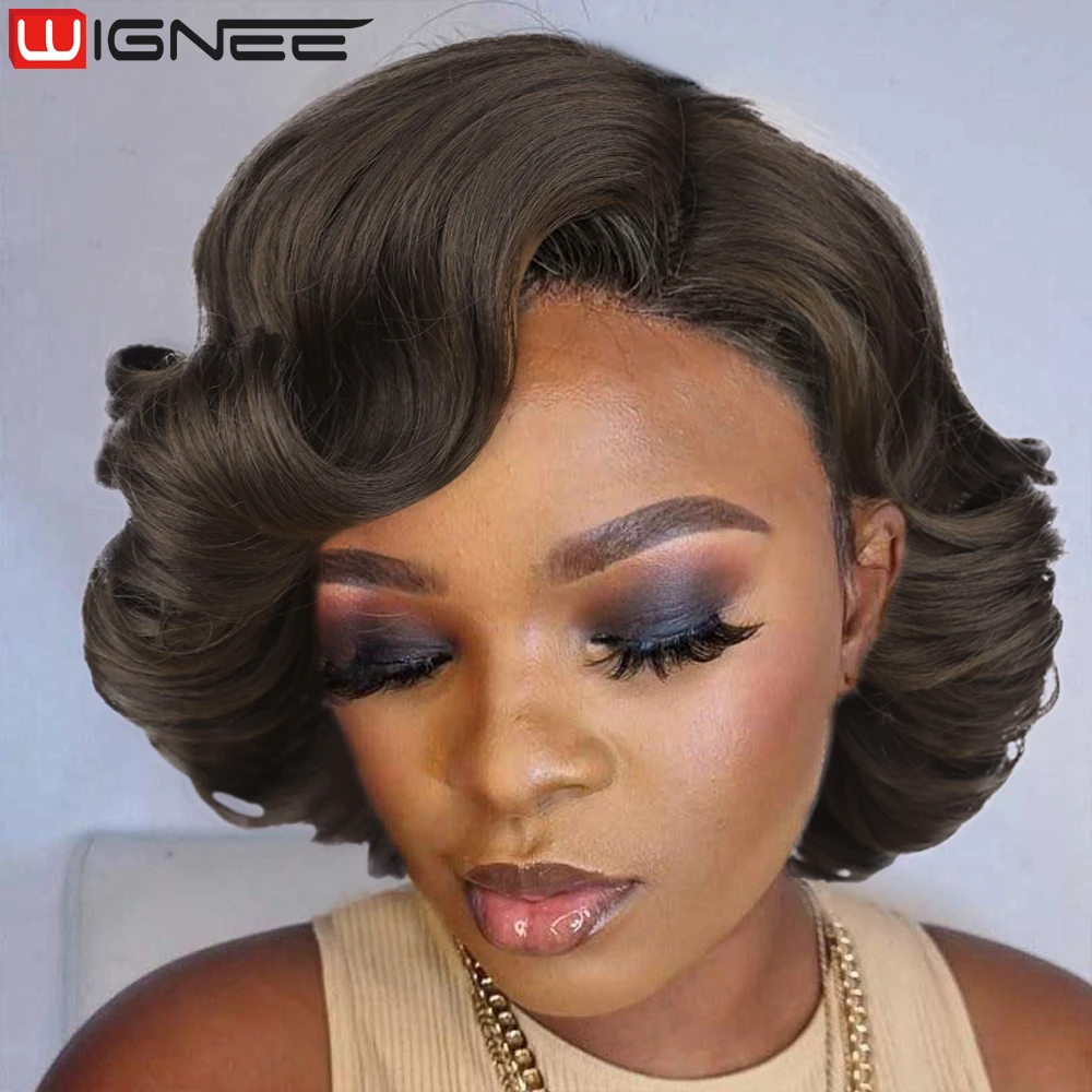 WIGNEE Loose Curly Wig Short Wigs Synthetic Hair Body Wave Wig Red Black Bro - £22.25 GBP+
