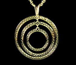 3 Ring Concentric Circles Pendant Vintage Necklace Goldtone Medallion 2 Chains - $16.82