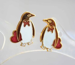 Cute Cloisonne Enamel Petite Penguin Pierced Earrings 1970s vintage - $12.95