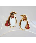 Cute Cloisonne Enamel Petite Penguin Pierced Earrings 1970s vintage - £10.35 GBP