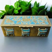 Antique Chinese Enamel Champleve Brass Stamp Trinket Box Blue Flower Design - $64.87
