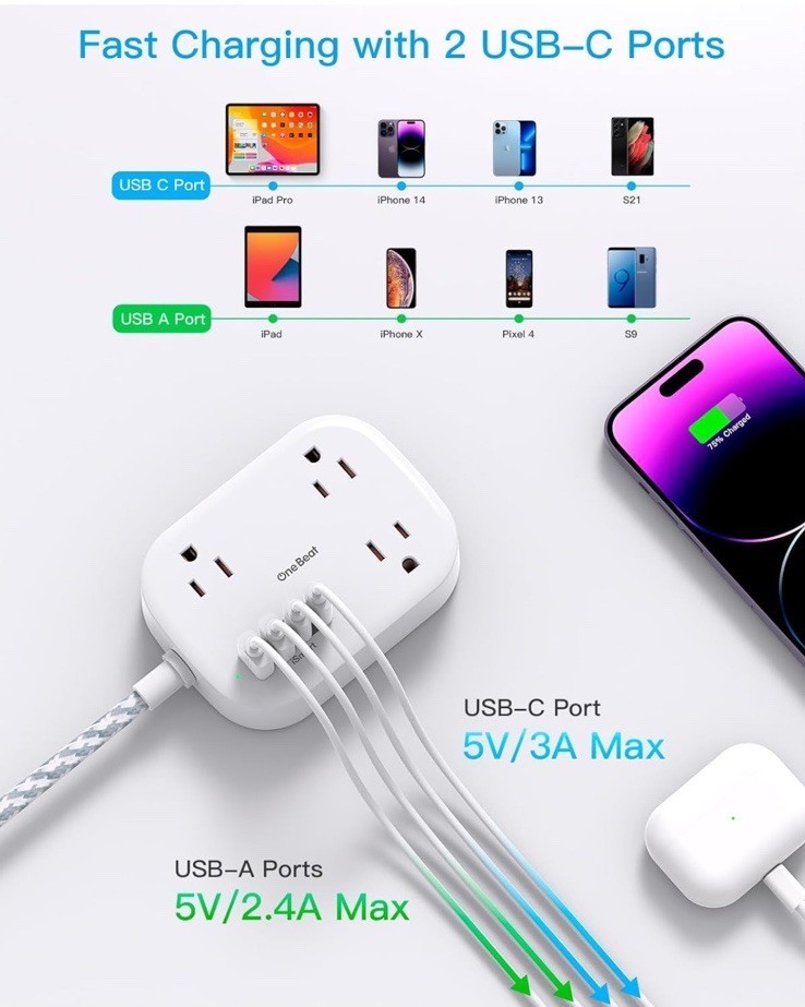 Cruise Essentials 2025,One Beat Travel Power Strip with USB 5 Ft, White  Item image 6