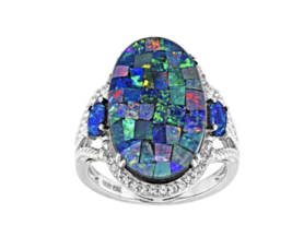 Multi Color Mosaic Opal Triplet Rhodium Sterling Silver Ring Size 7 - £192.30 GBP