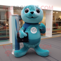 Teal Seal mascot costume character dressed with a Yoga Pants and Wallets - £1,008.58 GBP