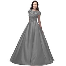 Kivary Beaded Sheer Lace A Line Satin Sash Long Corset Prom Evening Dresses Gray - £108.98 GBP