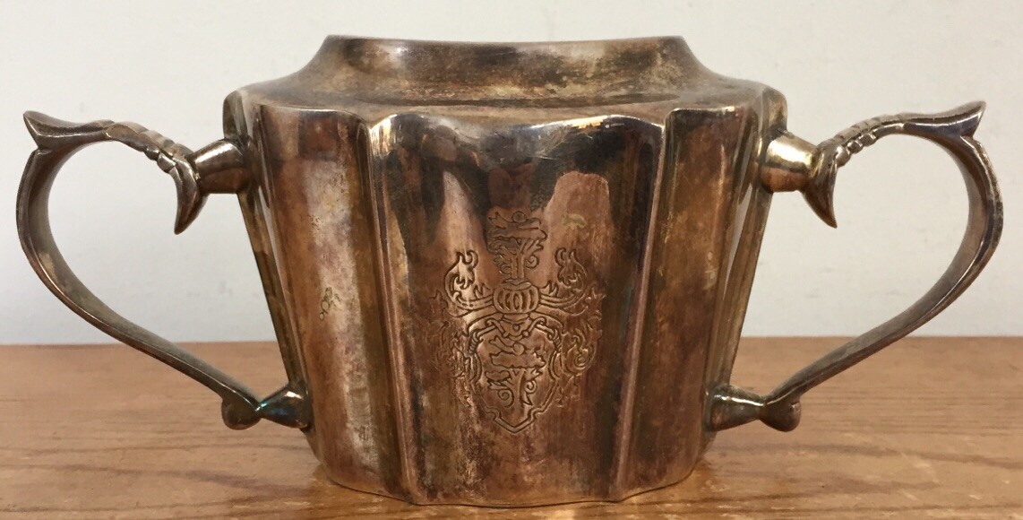 Vintage Antique Victorian Crest Double Handle Silverplate Sugar Bowl No Lid - $29.69