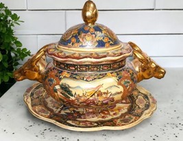 Vtg Chinese Satsuma Large Tureen &amp; Underplate Gold Oxen Handles 16&quot; L x 12.75&quot; H - $346.50