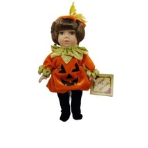 Porcelain Halloween Doll &amp; stand Pumpkin Costume JOL DanDee Collectors C... - £15.85 GBP