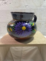 Small Redware Cup Pitcher Mug with Floral Purple Red Painted Flowers Han... - $16.45
