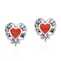 Elegant Reconstructed Red Coral Heart Sterling Silver Filigree Stud Earrings - £10.72 GBP