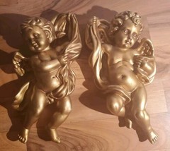 Homco Cherubs Angels MCM Wall Hanging Plaque #1120 Gold Tone Vintage Set Of 2 - £20.21 GBP