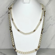 Chico&#39;s Layered Double Strand Chunky Faux Pearl Beaded Long Gold Tone Necklace - £13.39 GBP