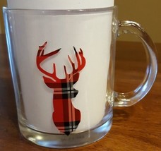Deer Head Glass Mug Red Plaid Stag Hunting Cabin Coffee Cup Man Bar Gift Father - £10.22 GBP