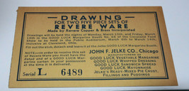 John F. Jelke and Co Raffle Drawing Ticket Cleveland Food Show- Likely 1939-1949 - £18.54 GBP