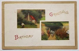 Birthday Greetings Country Cottage Farmer Pond Hidden Poem Postcard U22 - £5.42 GBP