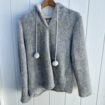 PJ Couture Sherpa Fleece Hoodie Pajama Top Shirt Gray Pom Poms Sleepwear Large - £12.65 GBP
