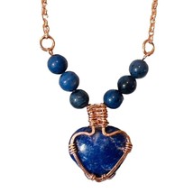 Lapis Heart Bead Copper Wire Wrapped Necklace OOAK Handmade - £22.49 GBP