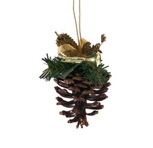 Christmas Ornament Pine Cone Red Gold with Trumpet Horn, Greenery Gold R... - $13.99