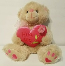 &quot;Hug Me&quot; Beige Plush 15&quot; Bear Pink Heart &amp; Rose Super Soft Stuffed 2000 EUC - £18.08 GBP