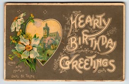 Hearty Birthday Greetings Postcard Flowers Church Heart 1911 United Art Germany - £5.69 GBP