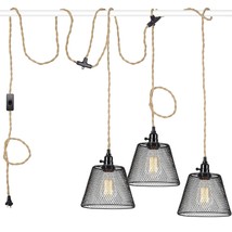 Plug In Pendant Lights With 22 Ft Cord,Farmhouse Rope Light(3 Black Lampshade),3 - £63.68 GBP