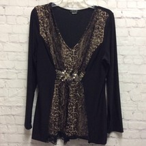 Venus Women Blouse Black Animal Print Long Sleeve V Neck Stretch Worn Size Tag - $10.04