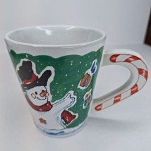 Vintage Snowman Coffee Mug Candy Cane Striped Handle - £12.50 GBP
