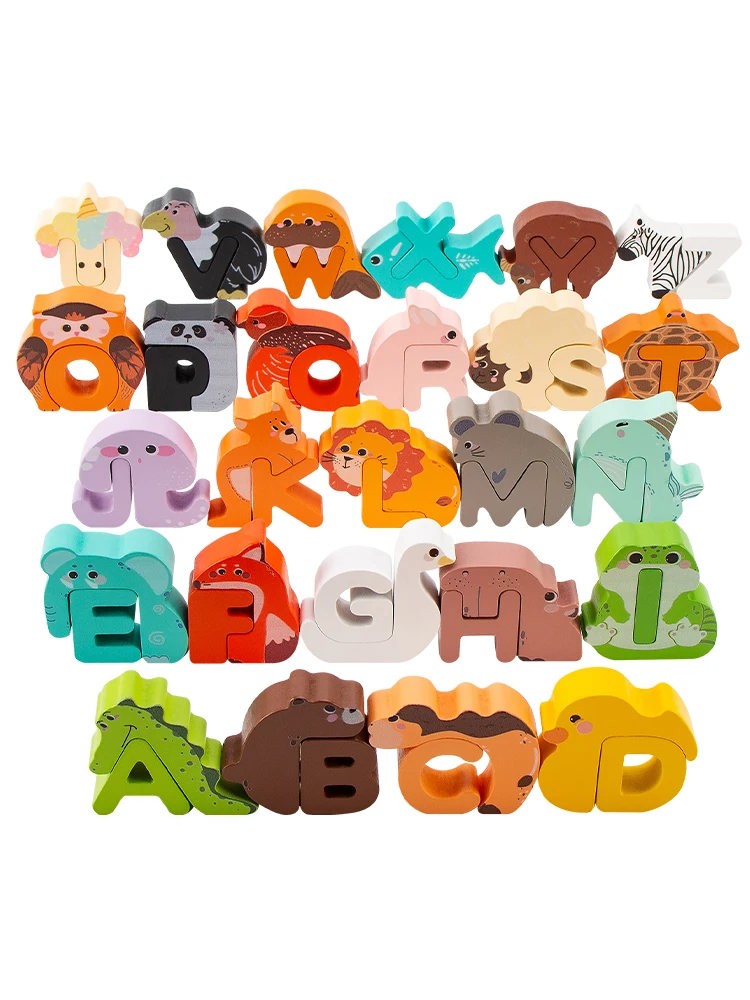 Kids 3D Wood Alphabet Puzzle Toy Cartoon Shape Matching Puzzle Blocks animals - £30.77 GBP
